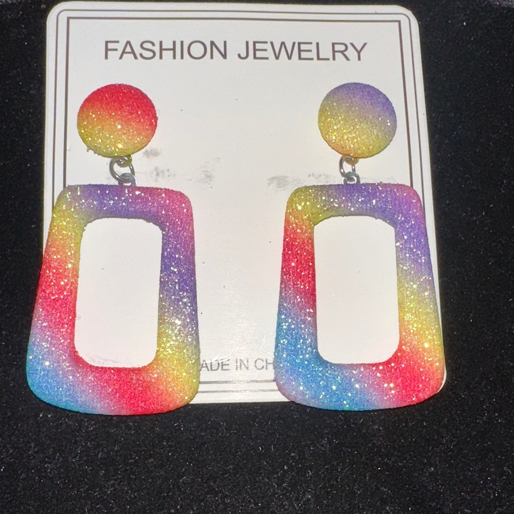 Fashion Jewelry Glitter Rainbow Open Rectangle Drop Earrings